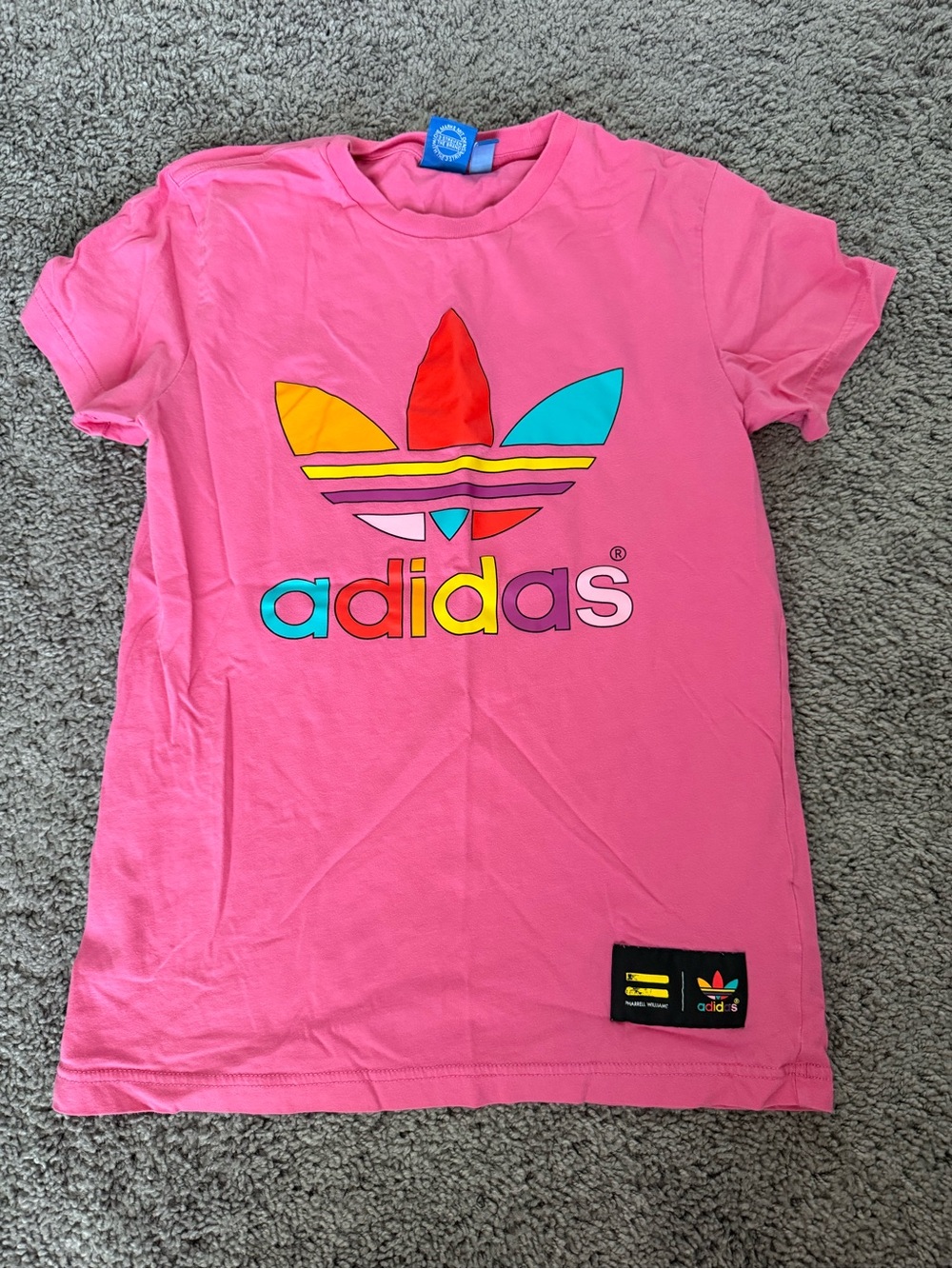 adidas x Pharrell Williams Pink Tee with Multicolor Trefoil Logo
